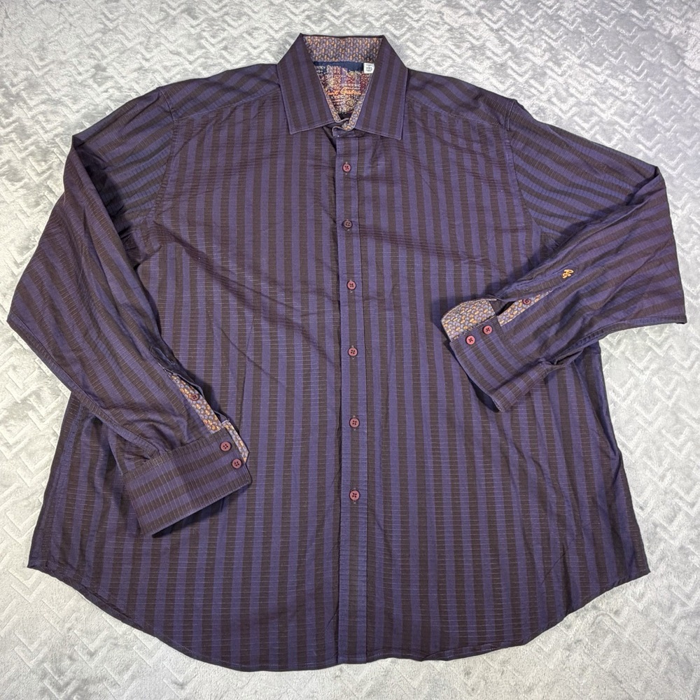 Robert Graham Fort Crown Shirt Men 3XL Purple Brown Stripe Flip Cuff Cotton